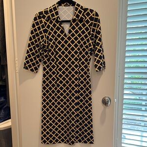 J. McLaughlin Black and Gold Checkered 3/4 length sleeved Dress